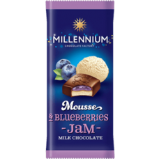 Шоколад молочний з мусовою та чорничною начинкою "Mousse Blue Berries Jam"; Маса Нетто: 135 г